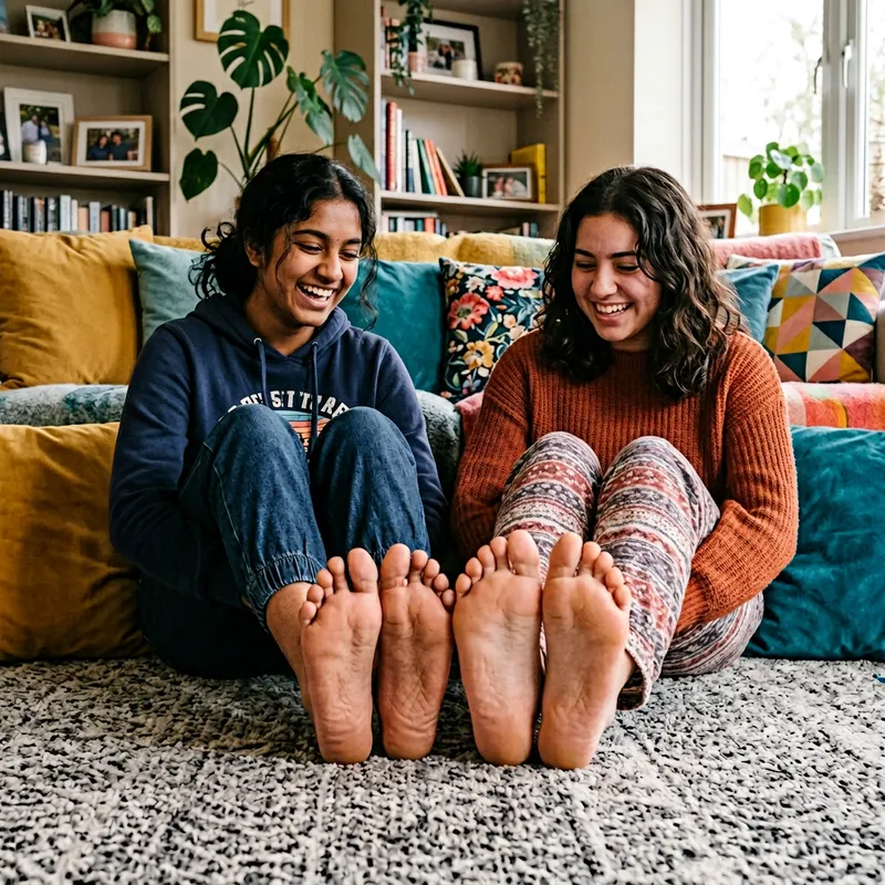 Two Teenage Girls Comparing Feet Sole to Sole
