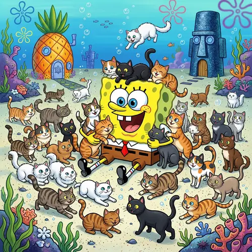 SpongeBob with Many Cats | Cute Cartoon Scene