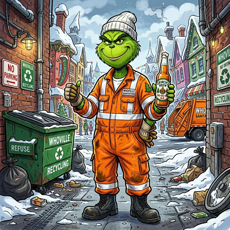 Cartoon Grinch in Garbage Man Outfit with Beer