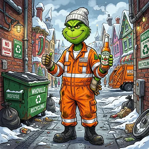 Cartoon Grinch in Garbage Man Outfit with Beer