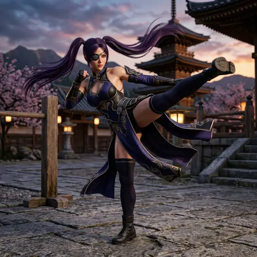 Elegant Martial Arts Woman with Purple Hair in Twin-Tails