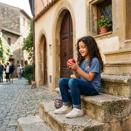Young Hispanic Girl with Curly Brown Hair and Red Apple