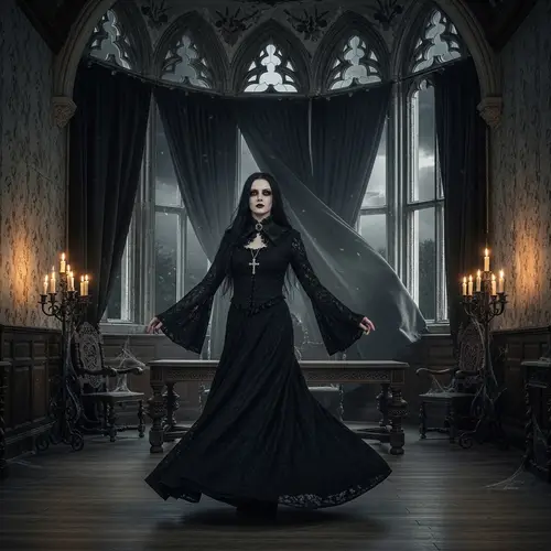 Gothic Woman Twirling in an Antique Mansion