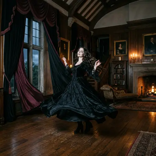 Gothic Woman Twirling in an Antique Mansion