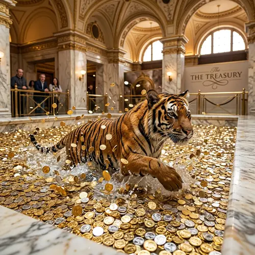Tiger in Coin Pool - A Unique Visual Experience