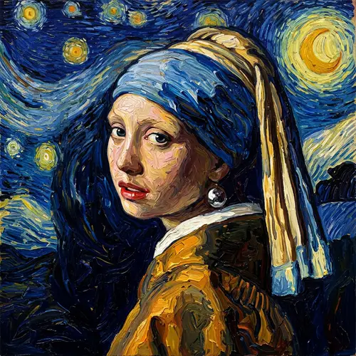 Girl with a Pearl Earring in the Style of The Starry Night