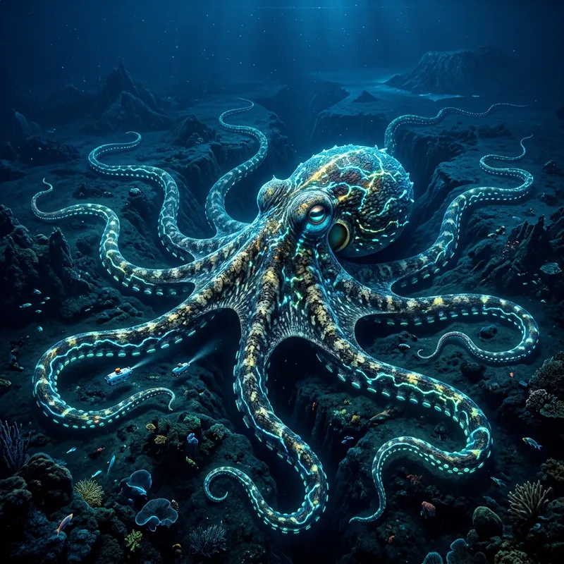 Colossal Octopus: Massive 300 Kilometers Giant in Deep Blue Sea