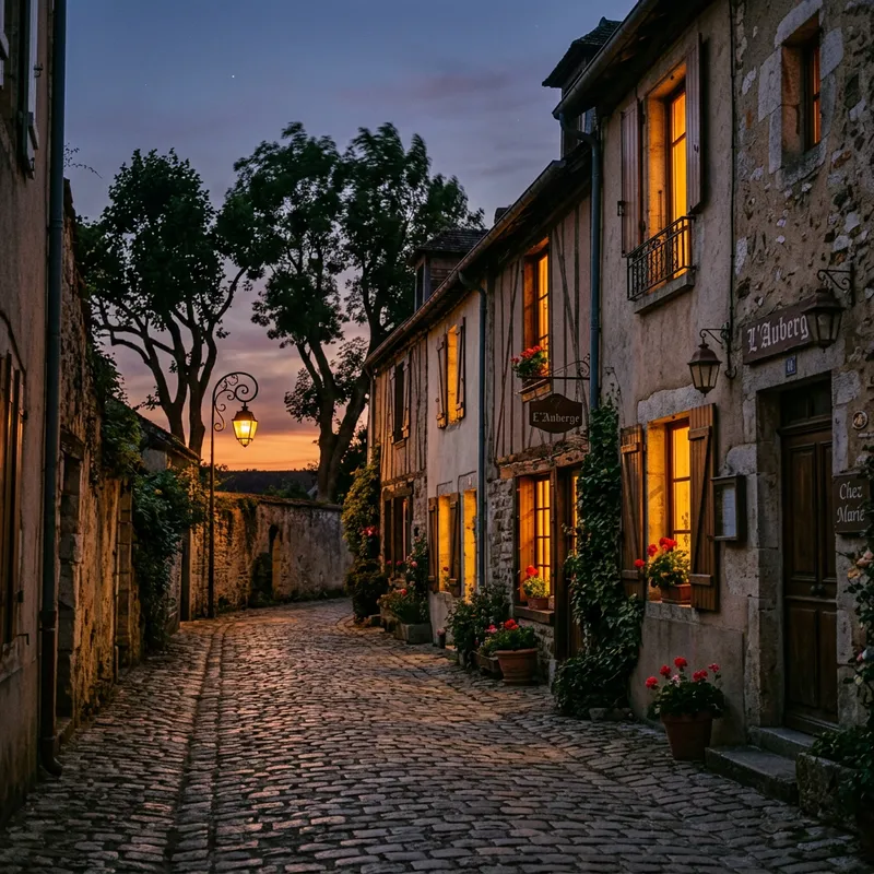 Charming Alley with Quaint Houses and Lantern Glow