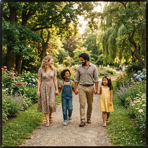 Loving Family Walking in Beautiful Park - Vintage Film Style