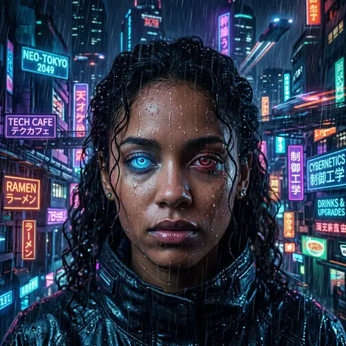 Neon Cyberpunk Portrait: Afro-Asian Woman in Luminescent Cityscape