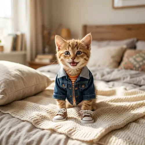 Adorable Kitten in Cool Clothing Standing on Bed