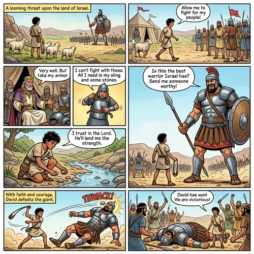 David vs Goliath: Legendary Biblical Battle Comic Strip