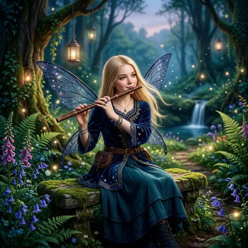 Fairy Bard Playing Flute in Dark Blue Attire