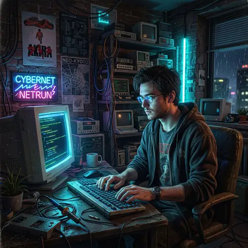 Focused Young Man in Cyberpunk Digital Art