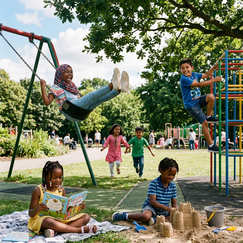 Multicultural Joy in Park: Kids Playing Together