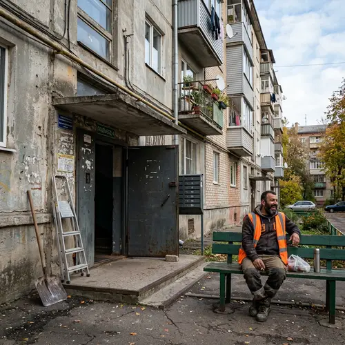 Khrushchyovka Entrance: Laborer Laughing Near Open Door
