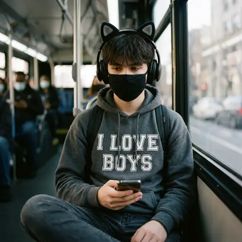 Boy with Cat Ears Headphones in 'I love boys' Hoodie