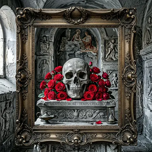 Stone Skull in Roman Portrait Frame with Red Roses