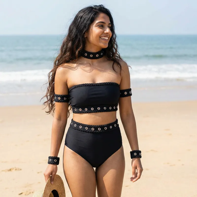 20-Year-Old South Asian Woman in Stylish Black Beach Suit