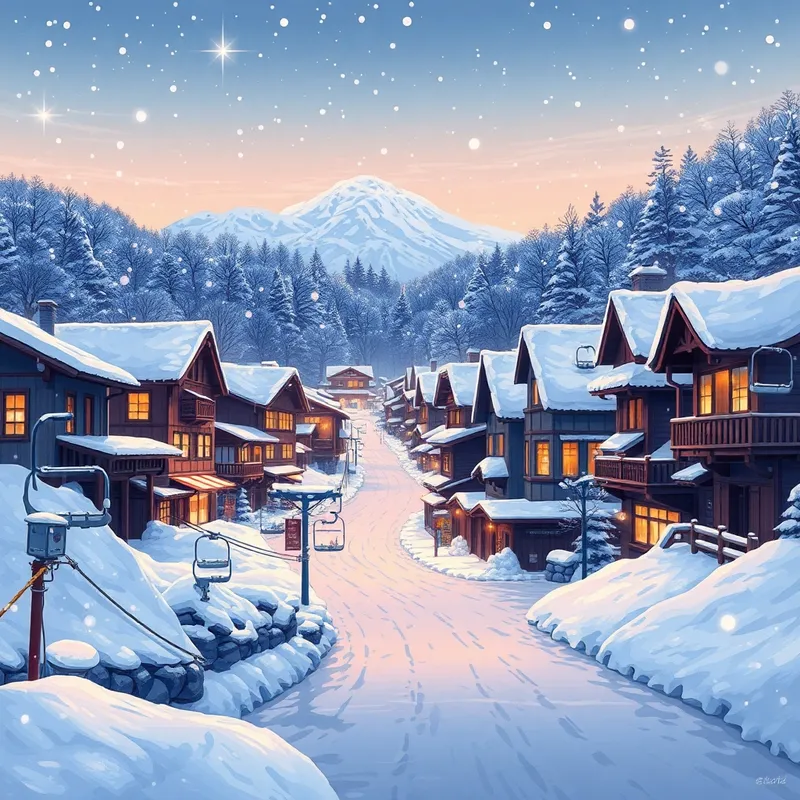 Vibrant Snowy Japanese Village Illustration Vibrant Snowy Japanese Village Illustration
