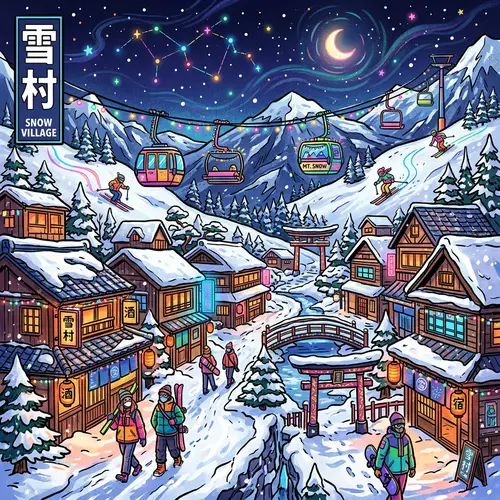 Vibrant Snowy Japanese Village Illustration