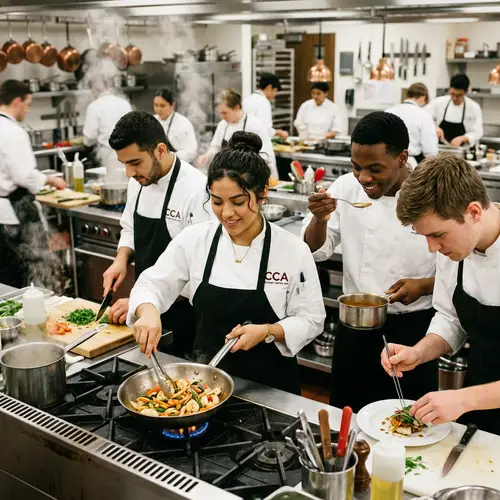 Young Hispanic Female Chef Cooking in Culinary Institute Kitchen