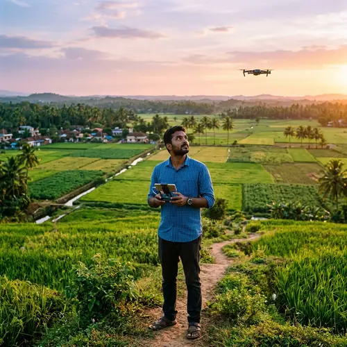 South Asian Man Controlling Drone in Vibrant Field