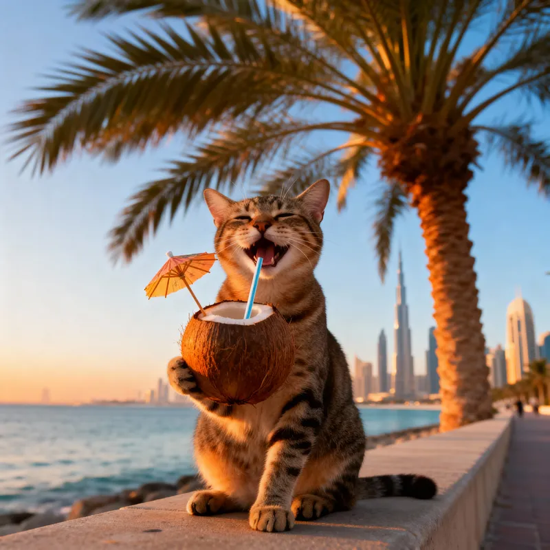Cat Enjoying a Cocktail by Dubai's Beach