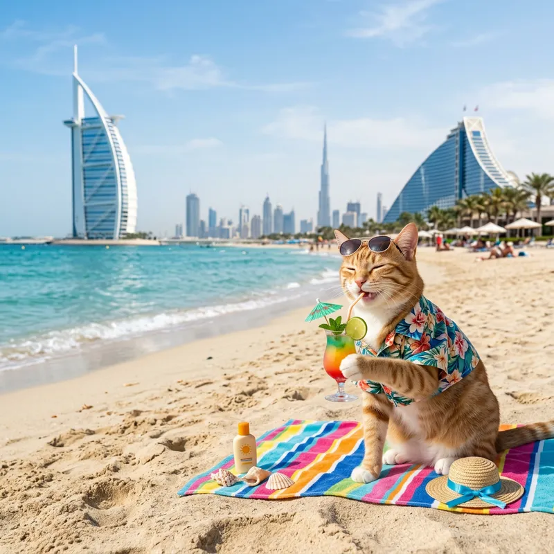 Cat Enjoying a Cocktail by Dubai's Beach