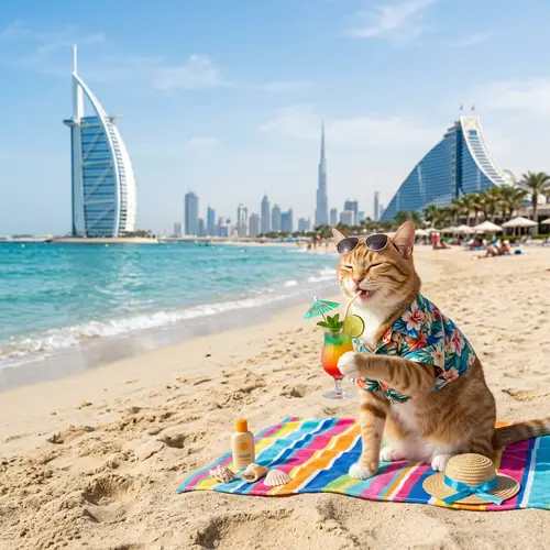 Cat Enjoying a Cocktail by Dubai's Beach