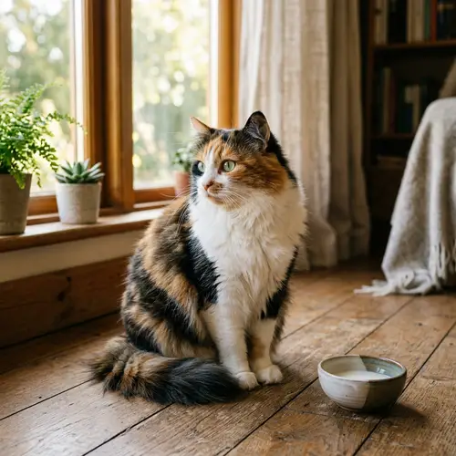 Fluffy Domestic Cat with Mesmerizing Green Eyes on Wooden Floor