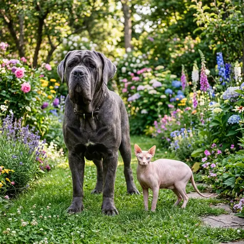 Neapolitan Mastiff and Canadian Sphinx Cat in Green Garden