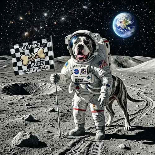 Neapolitan Mastiff Astronaut Conquers Space with Bold Flag Planting