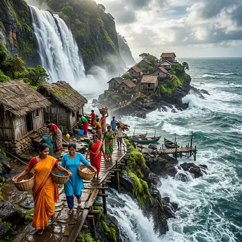 8K Ultra High Definition Waterfall Village Scene