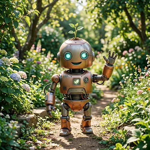 Friendly Robot with Leaf Sprout on Head