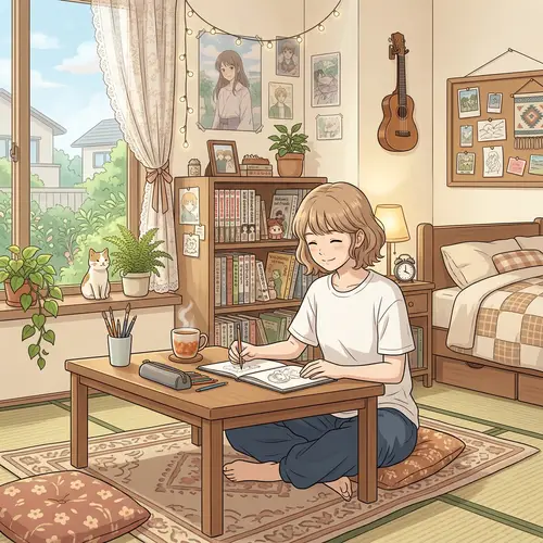 Anime-Style Room Illustration with Young Woman in Serene Setting
