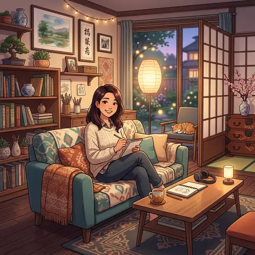 Diverse Asian Woman in Modern Traditional Room | Expressive Illustration