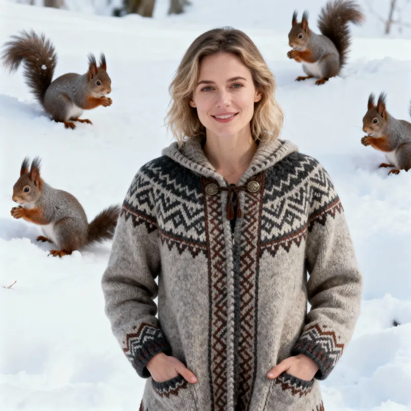 Viking-Style Cardigan with Snow Squirrels