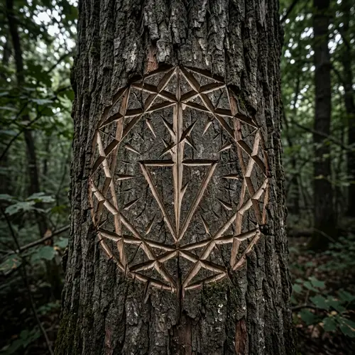 Cult Symbol Carved in Bark - Geometric Design