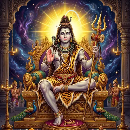 Divine Figure Seated on Golden Throne with Trident and Tiger Skin