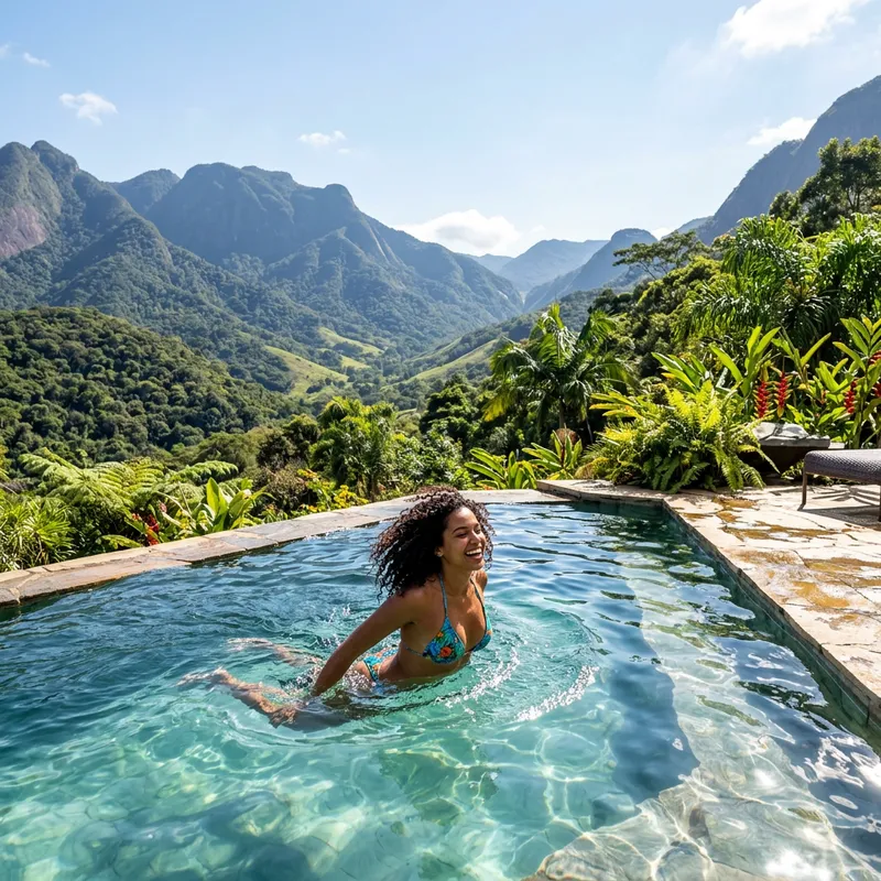 Brazilian Woman in Bikini Swimming in Mountain Pool