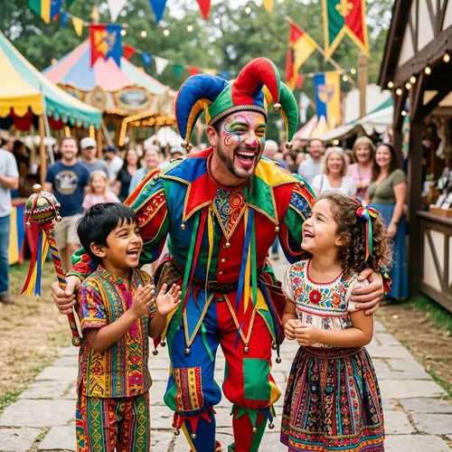 Colorful Jester Character with Diverse Children | Website Name