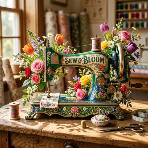 Vintage Sewing Machine Logo with Floral Design