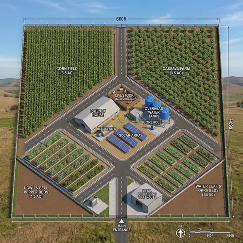 3D Isometric Blueprint of a 10-Acre Integrated Farm