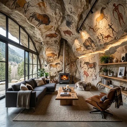Modern Interior Design in Stone Age Cave: Primitive Decor Fusion