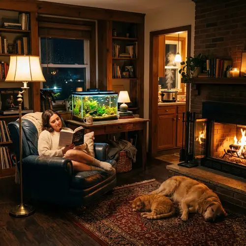 Relaxing Evening Idea: Calming Space, Warm Lighting, Soft Jazz