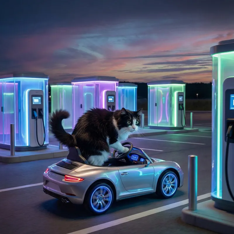 Cat on Electric Vehicle at Charging Station Cat on Electric Vehicle at Charging Station