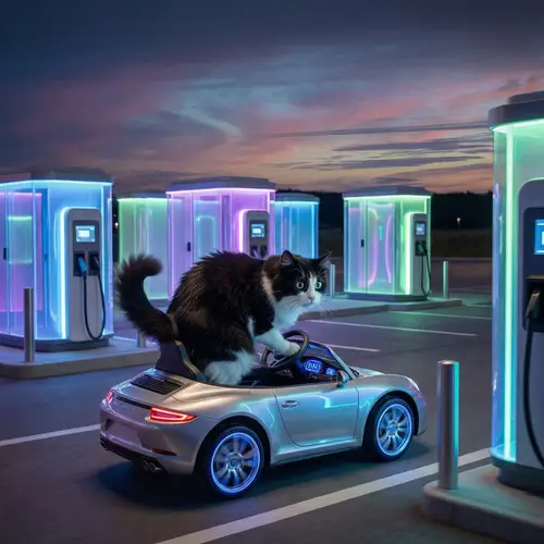 Adventurous Black and White Cat at Futuristic Charging Station