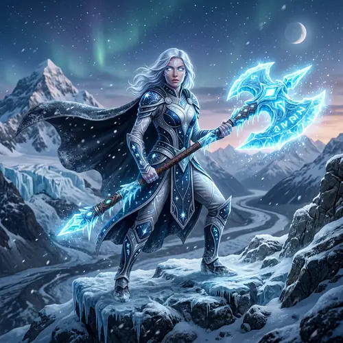Ethereal Aasimar with Glowing Ice Axe