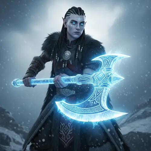 Ethereal Aasimar with Glowing Ice Axe